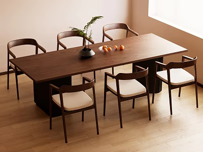 Modern Wooden Dining Table Set With Six Chairs Beige Cushions Green Plant Oranges Bright Room 3d model