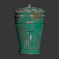 Green Rustic Trash Can With Grid Lid And Metal Handles 3d model