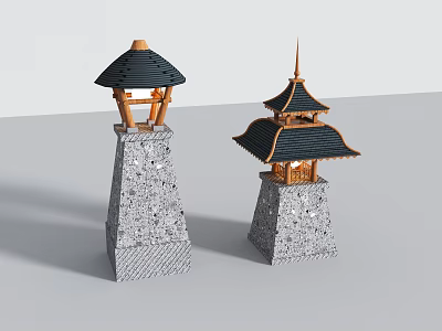Traditional Style Outdoor Lights With Black Roof Like Top Gray Stone Pillars And Wooden Details 3d model