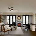 Stylish Living Dining Room Interior With Sofa Chair Coffee Table Fireplace And Ceiling Fan
