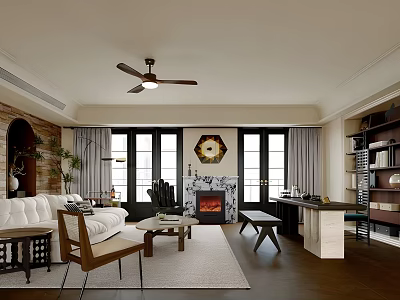 Stylish Living Dining Room Interior With Sofa Chair Coffee Table Fireplace And Ceiling Fan 3d model