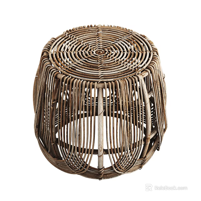 Round Wicker Stool With Intricate Weaving Design 3d model 