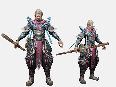 Mythical Monkey Warrior In Detailed Armor With Pink Scarf Blue Decorations And Staff 3d model