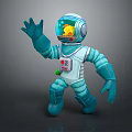 Blue Astronaut Toy Figure In Spacesuit Waving Hand With Yellow Helmet For Cosmic Exploration