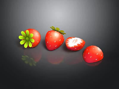 Fresh Strawberries With Green Leaves Whole And Sliced On Black Surface With Reflections 3d model