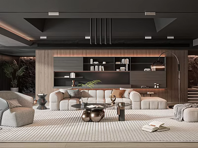 Modern Living Room Interior Design With Cozy Sofa Round Coffee Table And Wooden Bookshelf 3d model