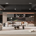 Modern Living Room Interior Design With Cozy Sofa Round Coffee Table And Wooden Bookshelf