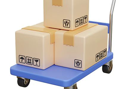 Decorative Ornament Set in Beige Boxes on Blue Cart with Yellow Tape and Black Icons 3d model