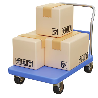 Decorative Ornament Set in Beige Boxes on Blue Cart with Yellow Tape and Black Icons 3d model