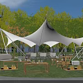 Beautiful Garden Landscape With White Tension Membrane Tent Green Trees Lawn And Outdoor Furniture