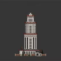 White and Red Tower Architecture with Spire Flag Base Green Plants and Square Area 3d model