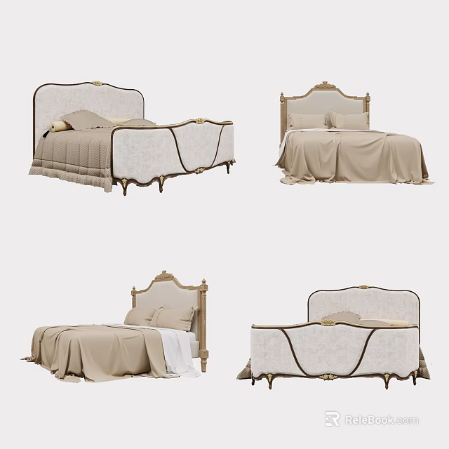 Elegant Double Bed Design With Beige Bedding And Gold Accent Headboard 3d model 