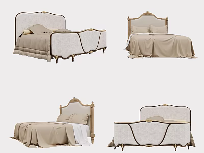Elegant Double Bed Design With Beige Bedding And Gold Accent Headboard 3d model