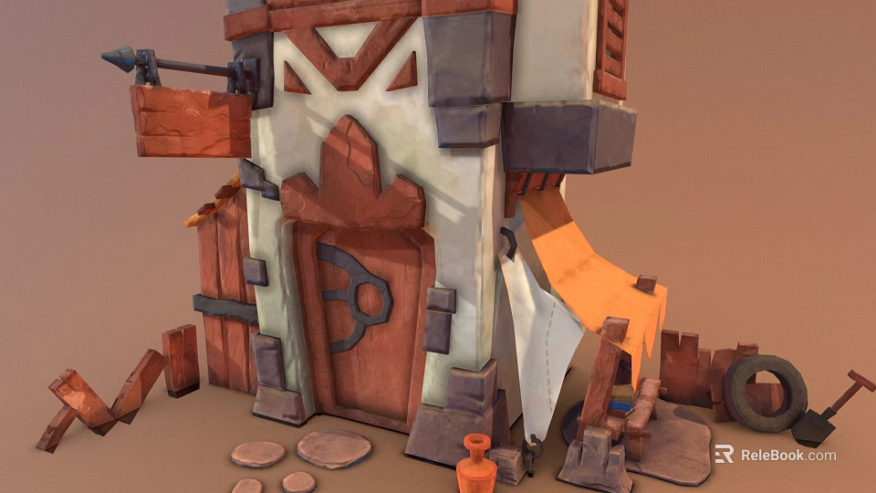 Cartoon Style Building Scene With Wooden Door Decorations And Items 3d model 