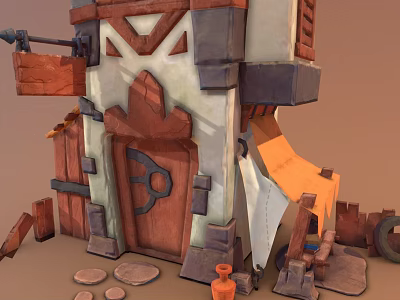Cartoon Style Building Scene With Wooden Door Decorations And Items 3d model