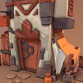 Cartoon Style Building Scene With Wooden Door Decorations And Items