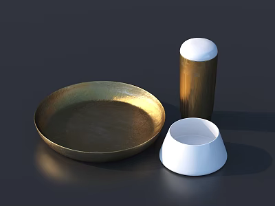 Stylish Tableware Set Featuring Golden Plate Lidded Container And White Bowl 3d model
