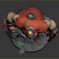 Fierce Open Mouth Monster With Red Fur Mechanical Claws Sharp Teeth And Metal Gear