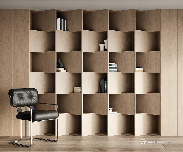 Modern Wooden Bookcase with Open Shelves Holding Books and Decorative Items Near Black Leather Chair 3d model 