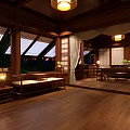 Traditional Chinese Courtyard Interior With Wooden Table Stools Lantern Green Plants And Decorative Figure