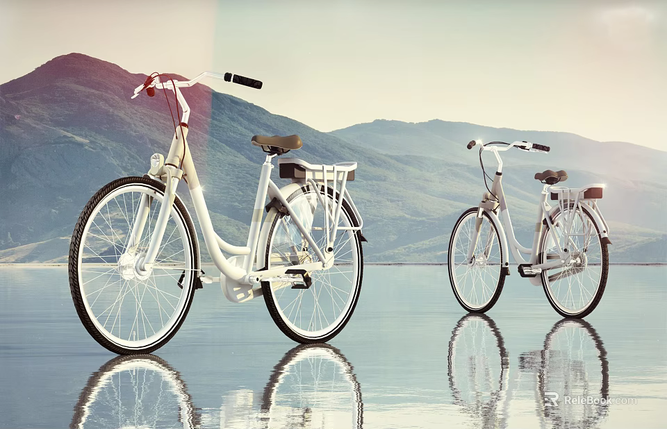 Two White Bicycles Parked by Waterfront with Mountain Sky and Reflection 3d model 