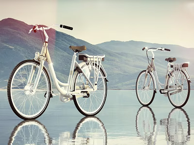 Two White Bicycles Parked by Waterfront with Mountain Sky and Reflection 3d model