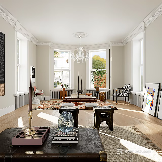 Spacious Apartment Living Room With Large Windows Chandelier And Modern Decor 3d model 