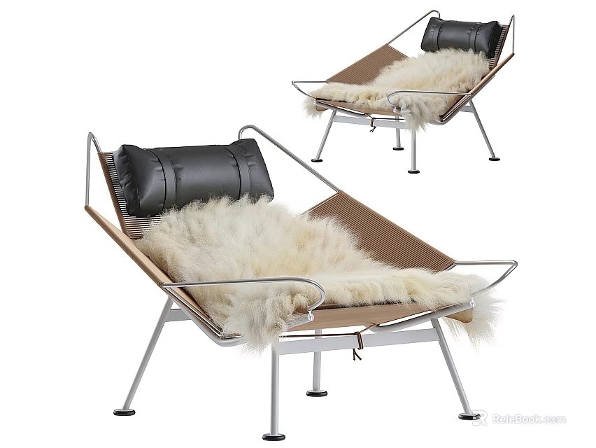 Modern Lounge Chair With Metal Frame Brown Cushion White Fur Pad And Black Pillow 3d model 