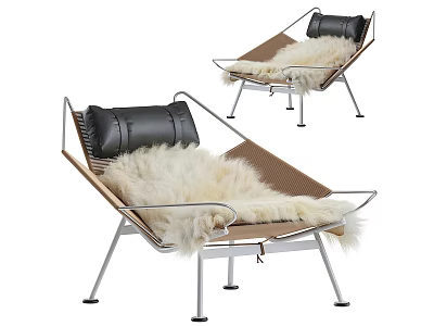 Modern Lounge Chair With Metal Frame Brown Cushion White Fur Pad And Black Pillow 3d model