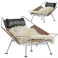 Modern Lounge Chair With Metal Frame Brown Cushion White Fur Pad And Black Pillow