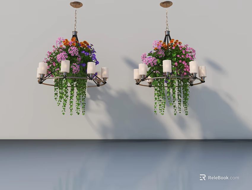 Modern Swing Door Interior With Floral Chandeliers And Green Hanging Plants 3d model 