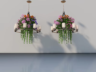 Modern Swing Door Interior With Floral Chandeliers And Green Hanging Plants 3d model