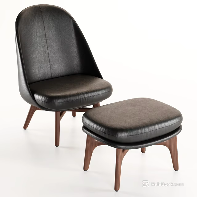 Modern Black Leather Leisure Chair With Wooden Legs And Matching Ottoman 3d model 