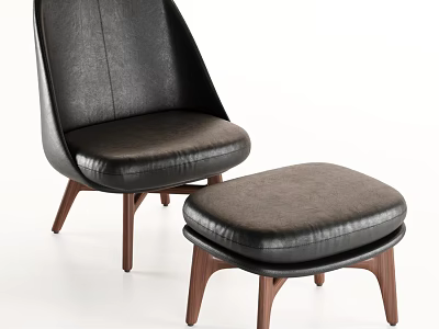 Modern Black Leather Leisure Chair With Wooden Legs And Matching Ottoman 3d model