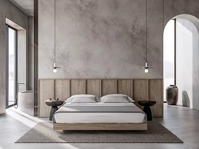 Modern Bedroom Double Bed With Wooden Headboard Grey Wall Hanging Lights Rug Large Windows View 3d model