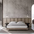 Modern Bedroom Double Bed With Wooden Headboard Grey Wall Hanging Lights Rug Large Windows View