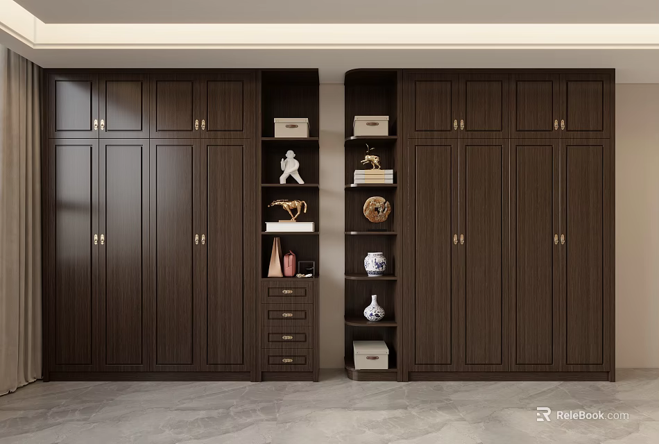 Dark Brown Modern Wooden Wardrobe Storage Design With Built in Shelves Drawers And Decorative Boxes 3d model 