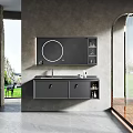 Modern Bathroom Vanity With Round Mirror Storage Cabinets And Natural Light Interior Design