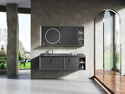 Modern Bathroom Vanity With Round Mirror Storage Cabinets And Natural Light Interior Design 3d model