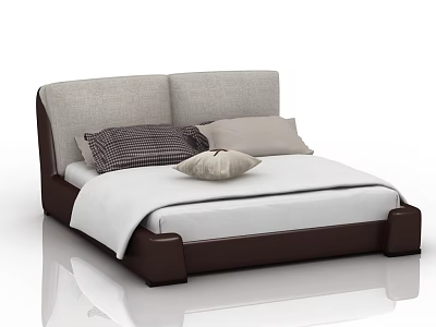 Modern Minimalist Double Bed With Gray Headboard Brown Frame And White Bedspread 3d model