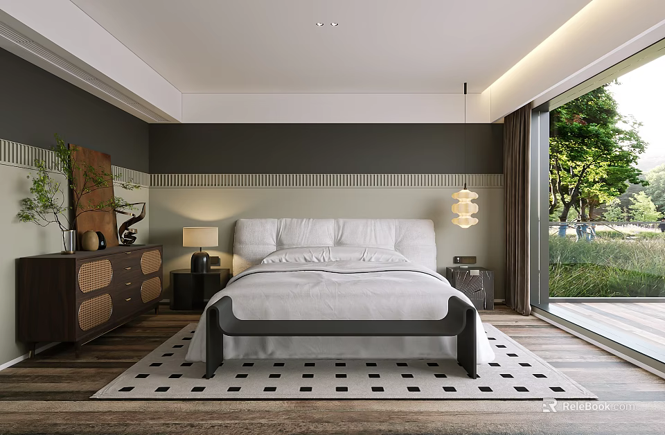 Modern Bedroom Interior With Bed Dresser Nightstands Table Lamp Pendant Light And Area Rug 3d model 