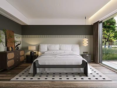 Modern Bedroom Interior With Bed Dresser Nightstands Table Lamp Pendant Light And Area Rug 3d model