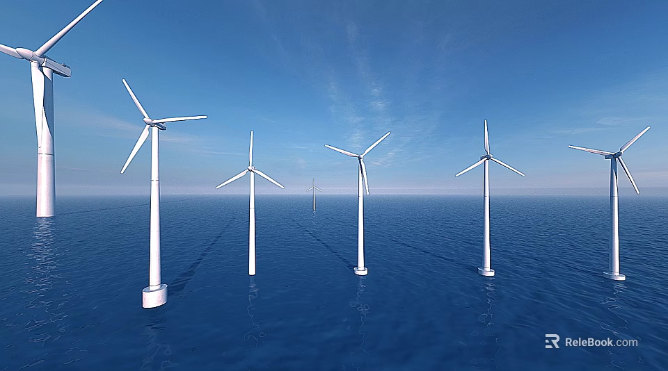 Multiple Offshore White Wind Turbines Standing On Blue Sea With Clear Sky 3d model