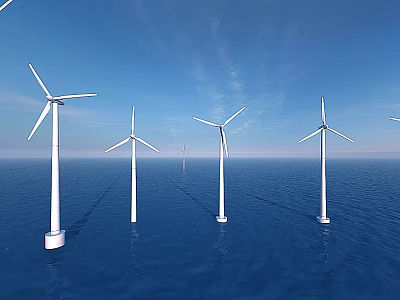 Multiple Offshore White Wind Turbines Standing On Blue Sea With Clear Sky 3d model
