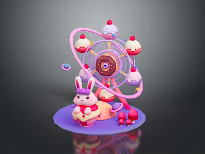Cute Ferris Wheel Decoration With Rabbit Doll Cupcake Ornaments And Purple Base 3d model