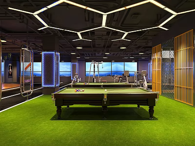 Sports Fitness Indoor Area With Billiards Table Green Carpet And Geometric Lighting 3d model