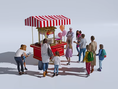 Group of People Enjoying Ice Cream Cart With Striped Awning and Colorful Balloons 3d model