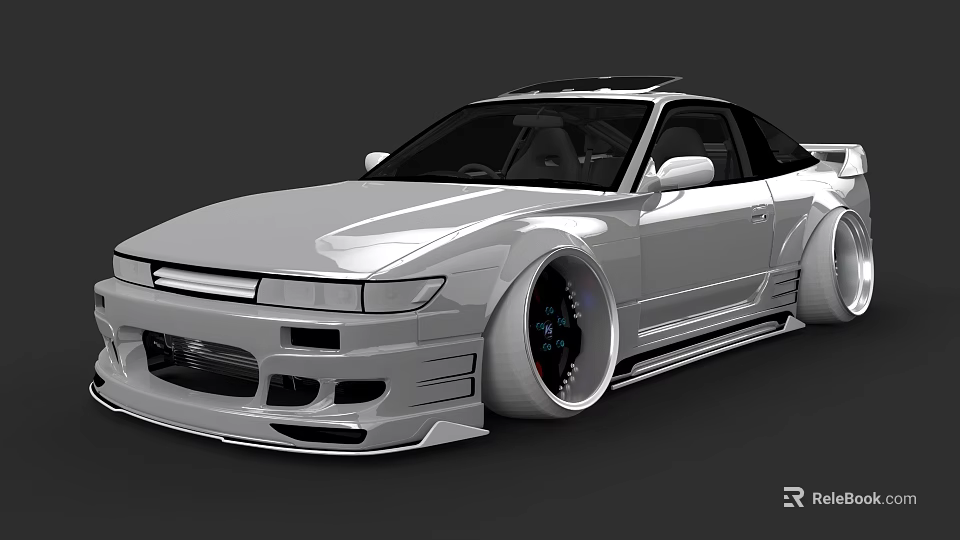 Silver Modified Sports Car With Lowered Stance Large Wheels And Aerodynamic Body Kit 3d model 