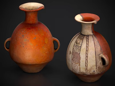 Two Ceramic Vessels in Orange Red and Red White with Geometric Patterns and Dual Handles 3d model