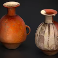 Two Ceramic Vessels in Orange Red and Red White with Geometric Patterns and Dual Handles